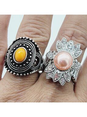 Lot Of 2 Stretch Rings New Without Tags Silver Tone Faux Pearl & Orange Cabochon